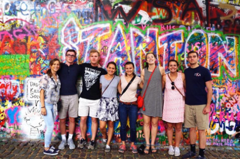 John, Dylan and Paige with their classmates in Europe. 