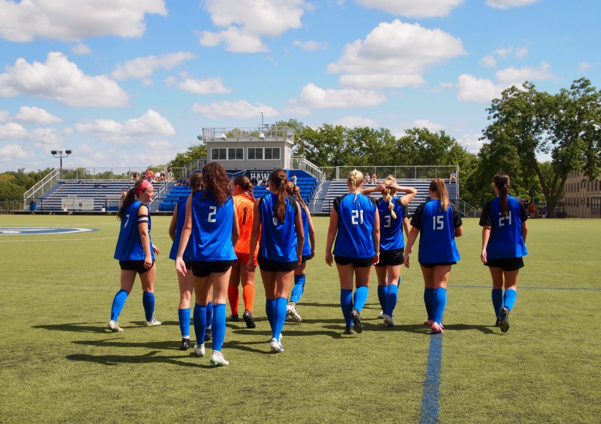 The Rockhurst women's soccer team takes the field for the second half against McKendree University on Sunday, Sept. 15, 2024.