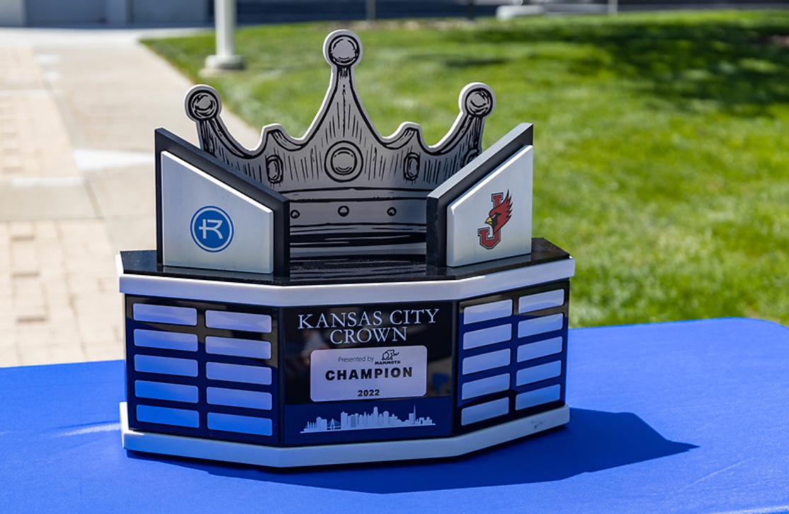 The KC Crown trophy at the May 2023 award presentation when Rockhurst claimed a victory in the first year of the competition. Photo provided by Rockhurst Marketing.