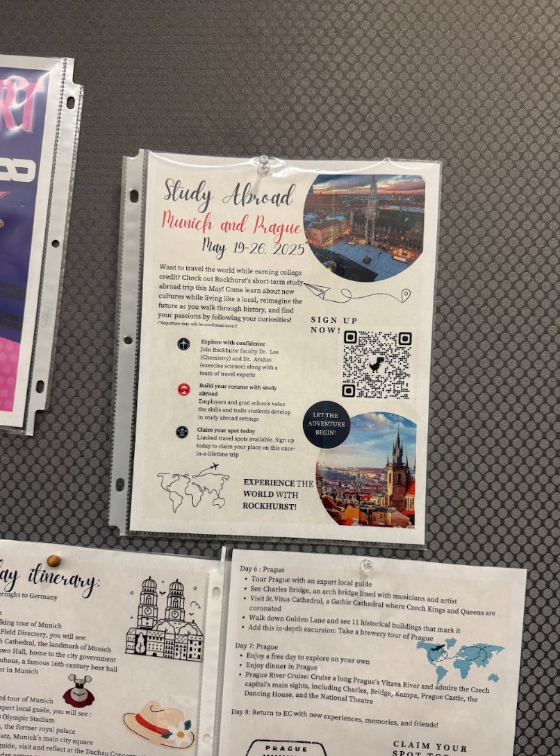 Rockhurst's opportunity to study abroad in Munich and Prague posted on the bulletin boards on the stairs of Arrupe Hall.