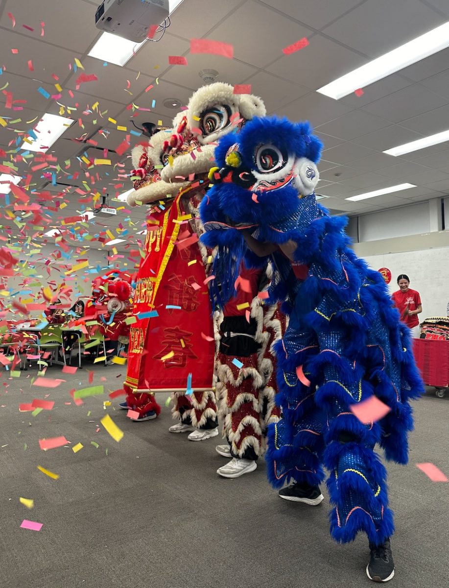 Lion dance performers pose at the conclusion of their performance.