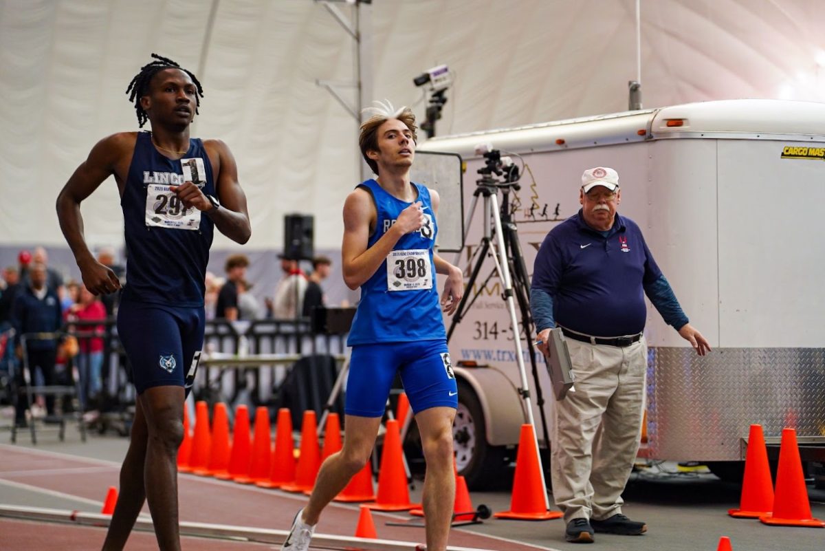 Noah Britton finishes the 800m race at the 2025 GLVC Indoor Track and Field Championships. Photo Provided by the GLVC. 
