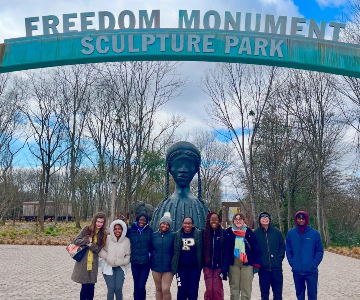 The Rockhurst Civil Rights Solidarity-Immersion group outside Freedom Monument Sculpture Park in Montgomery, Alabama. Photo provided by Maria Smith.