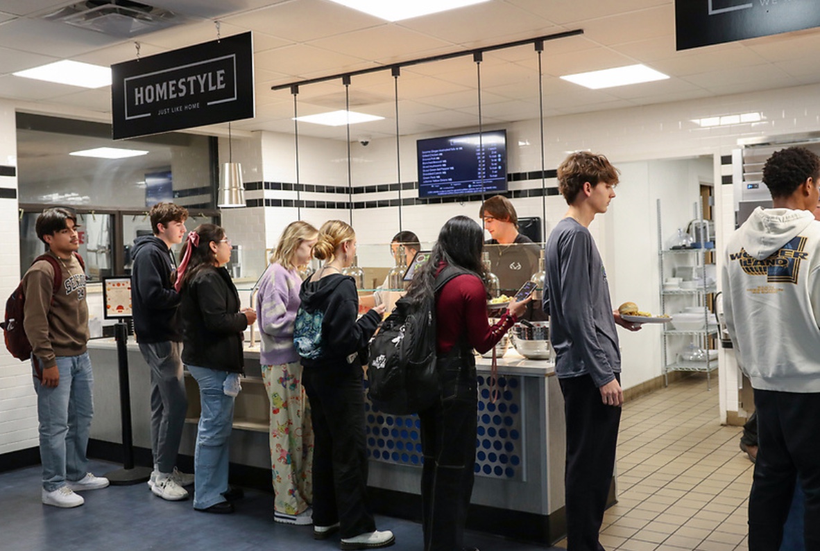 Rockhurst students in line for food in the Thomas More Dining Hall. Photo provide by Rockhurst Marketing.