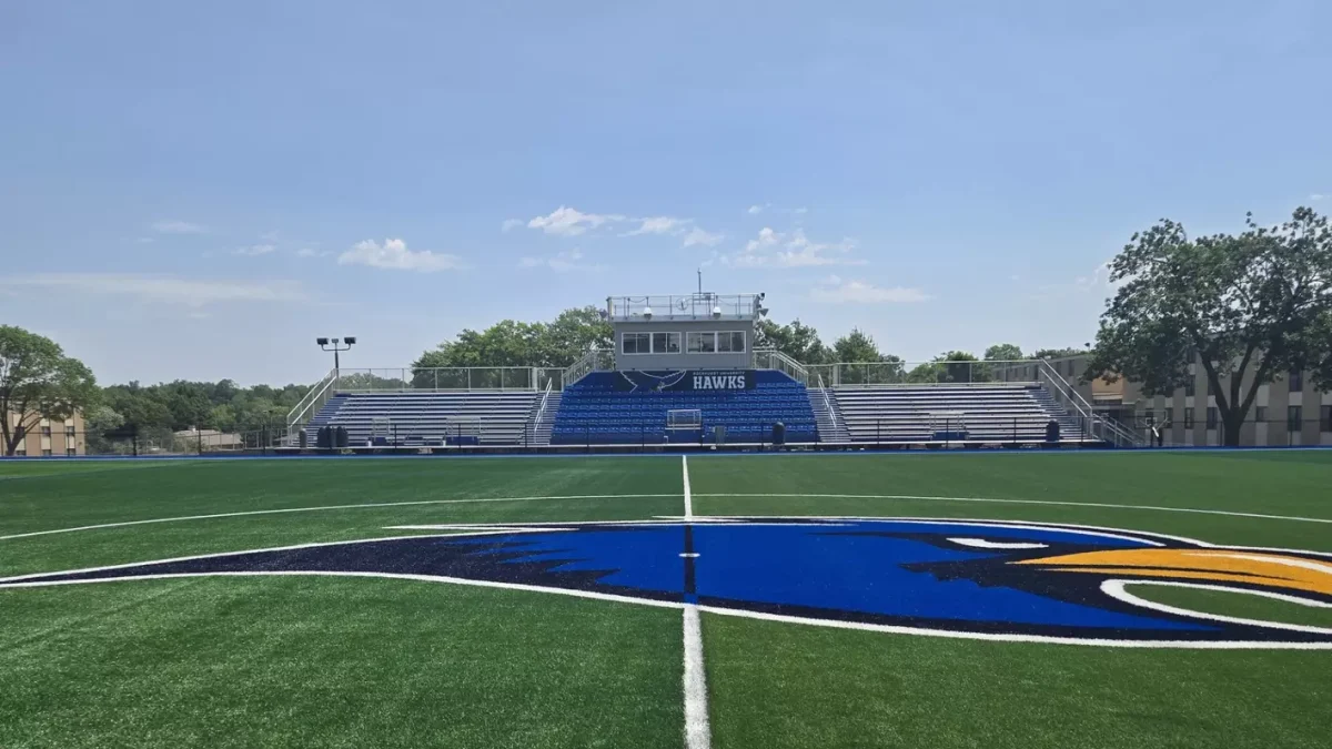The newly renovated, Bourke Field, featuring the newest Rockhurst logo and updated turf.